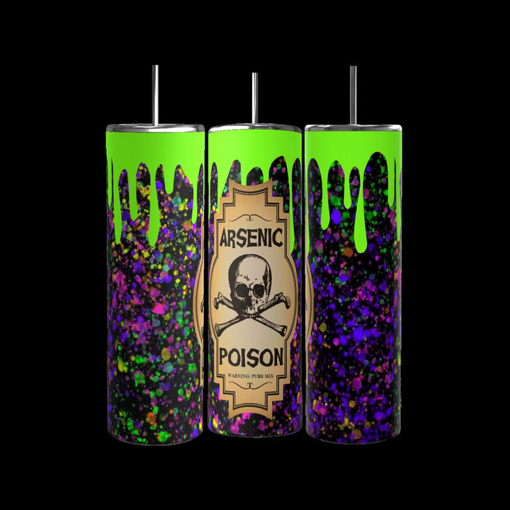 The Poison 20oz Tumblers by Kreative Kreationz feature a luxury design with green, purple, and black glitter. The centerpiece showcases a skull and crossbones labeled "Arsenic Poison." These eco-friendly tumblers come with black straws for a bold reusable statement.