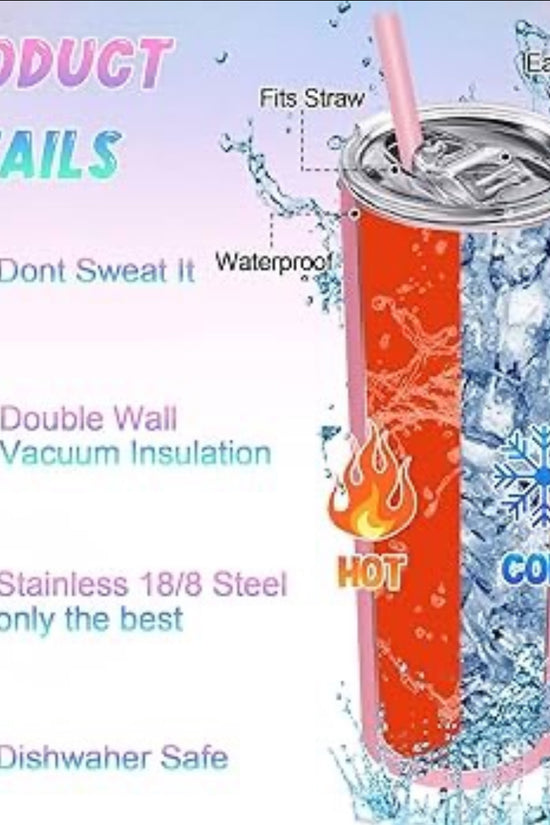 A graphic of the Kreative Kreationz (Copy) Coach Blue Red Heart 20oz Skinny Tumbler, featuring a luxury-inspired design, straw-friendly lid, easy grip, waterproof build, double wall insulation for hot/cold drinks, and dishwasher safe.