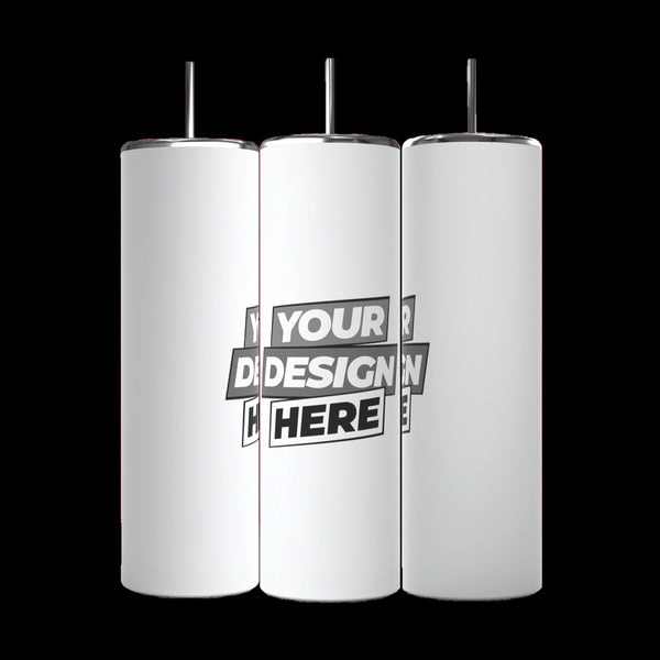 Three Kreative Kreationz Custom 20oz Skinny Tumblers with metal straws are displayed on a black background. Each eco-friendly, reusable white tumbler shows “YOUR DESIGN HERE” in bold black and gray text on the front.