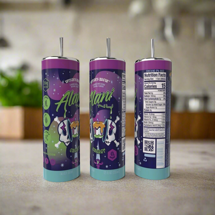 Three Alani Nu energy drinks with vibrant purple and aqua cans sit on a kitchen counter beside a 20oz Kreative Kreationz tumbler, offered in various colors and flavors. A softly blurred background enhances the scene's inviting charm.