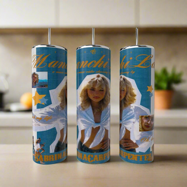 The Manchild Sabrina Carpenter Tumbler Collection by Kreative Kreationz features three tall, eco-friendly tumblers with blue and white designs, showcasing a blonde woman in white and yellow text, displayed upright on a kitchen counter.