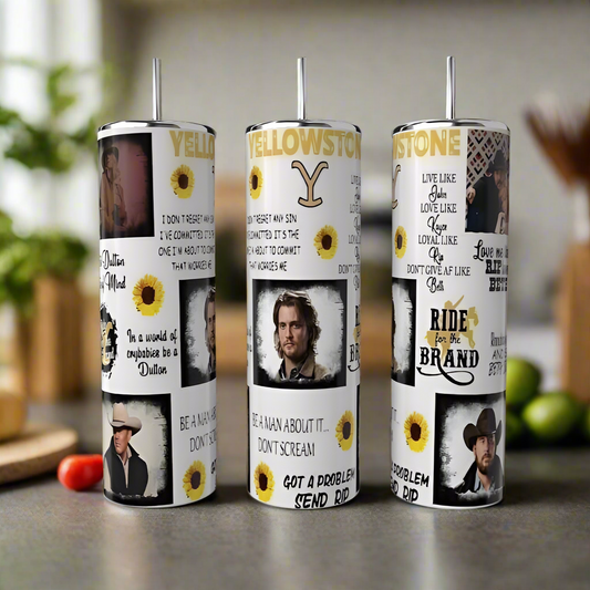 Three Kreative Kreationz Yellowstone 20oz Tumblers, made from stainless steel, feature show-inspired designs with characters, sunflowers, quotes, and the Yellowstone Ranch logo. They’re displayed on a kitchen counter with blurred produce in the background.