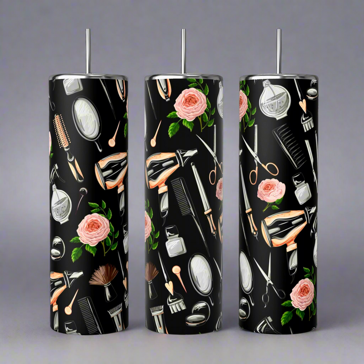 Kreative Kreationz's Hairstylist 20oz Tumblers, with elegant black backgrounds, featuring pink roses, green leaves, and chic patterns of scissors, combs, hair dryers, brushes, and mirrors for a vibrant touch.