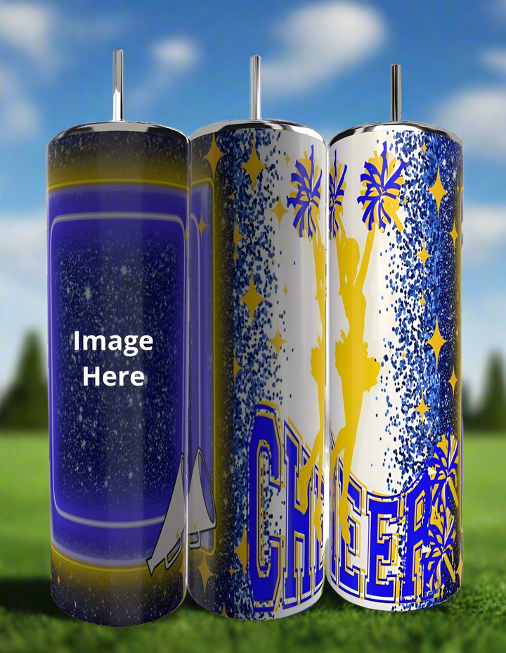 Three Kreative Kreationz Cheer 20oz Tumblers are outdoors: one customizable with "Image Here" and two featuring blue and yellow cheerleading designs, pom-poms, stars, and "CHEER" on durable stainless steel.
