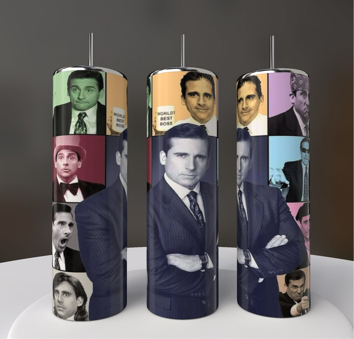 The Office 20oz Tumbler by Kreative Kreationz features a man in a suit with various expressions, set against colorful panels with humorous text, resulting in a lively and playful design.