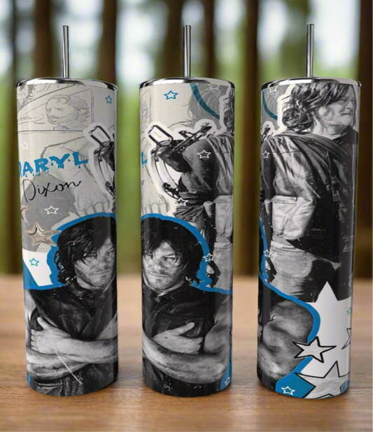 Three handmade Kreative Kreationz "Walking Dead | Darryl 20oz Skinny Tumbler" features a black-and-white design of a rugged character with long hair. Handwritten text and stars emerge against blue accents on a blurred forest, echoing the mystery of The Walking Dead.