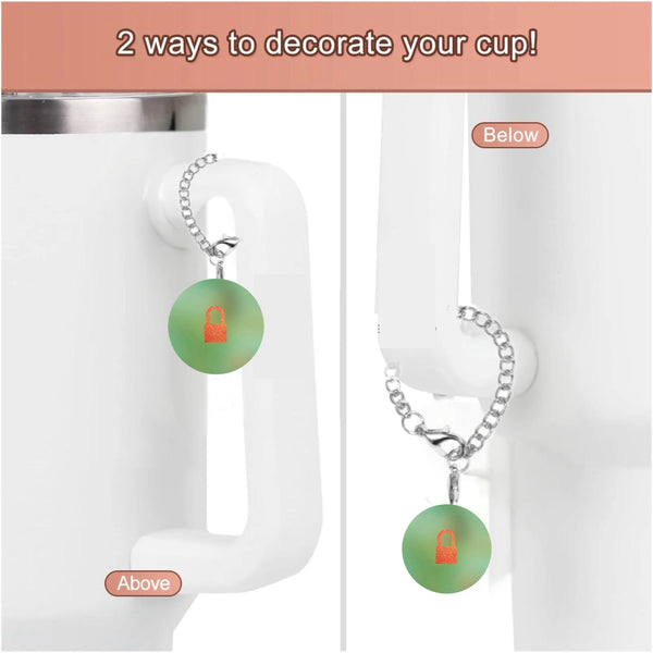 The TS12 Charm Dangle | Cup Accessory by Kreative Kreationz is shown on a white cup handle two ways—hanging above and below. Text at the top says, "2 ways to decorate your cup!.