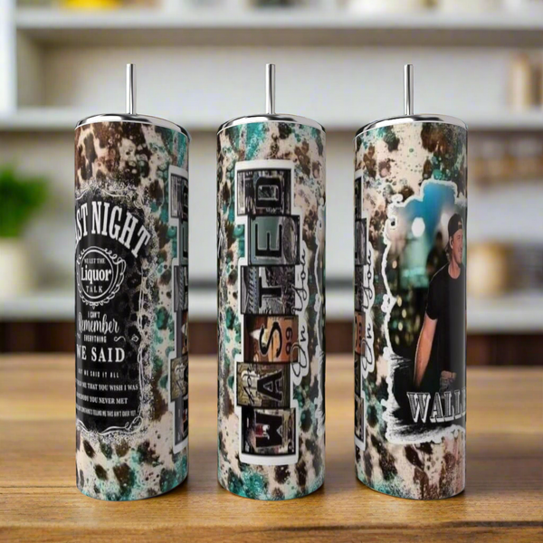 Three tall, stainless steel Kreative Kreationz tumblers with a rustic speckled design and unique text graphics are displayed indoors on a wooden surface. One is the Morgan Wallen 20oz Tumbler featuring his photo.