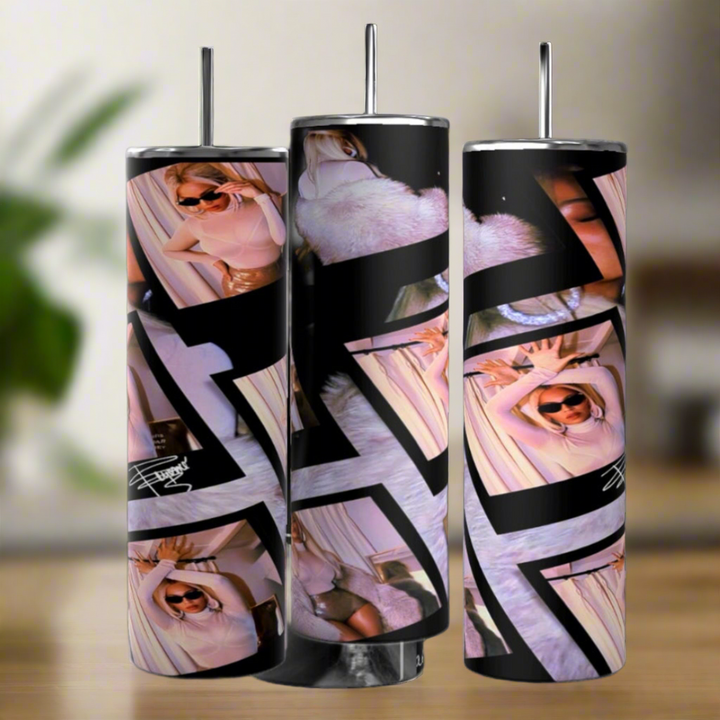 Three Beyonce 20oz Stainless Steel Tumblers by Kreative Kreationz feature a woman in sunglasses and pink on a black geometric background, with straws included, displayed together on a blurred indoor surface.