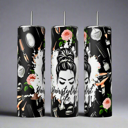 These eco-friendly, reusable 20oz stainless steel tumblers from Kreative Kreationz feature "Hairstylist Life" on a black background with hairdressing tools, pink roses, and a woman's face. Each includes a silver lid and straw.