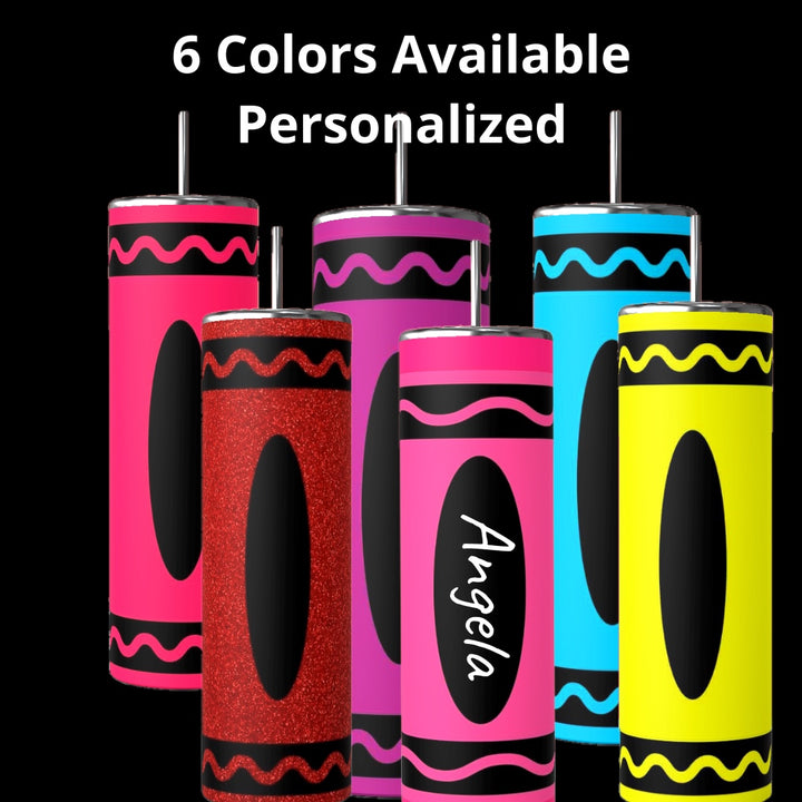 Six Kreative Kreationz Custom Name 20oz Tumblers in pink, red glitter, purple, blue, yellow, and hot pink with black lids. Personalize each tumbler—one shows “Angela.” Top text: “6 Colors Available Personalized.”.