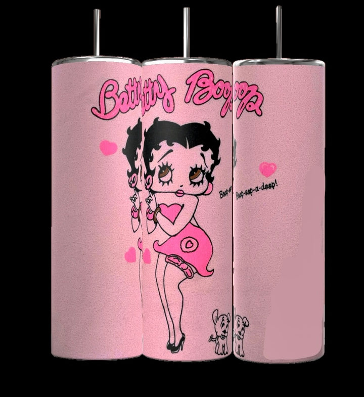 Three pink Kreative Kreationz BB 20oz Skinny Tumblers feature a cartoon character with hearts and her dog, showcasing durable construction. The text reads "Betty Boop" and "Boop-Boop-a-Doop!.