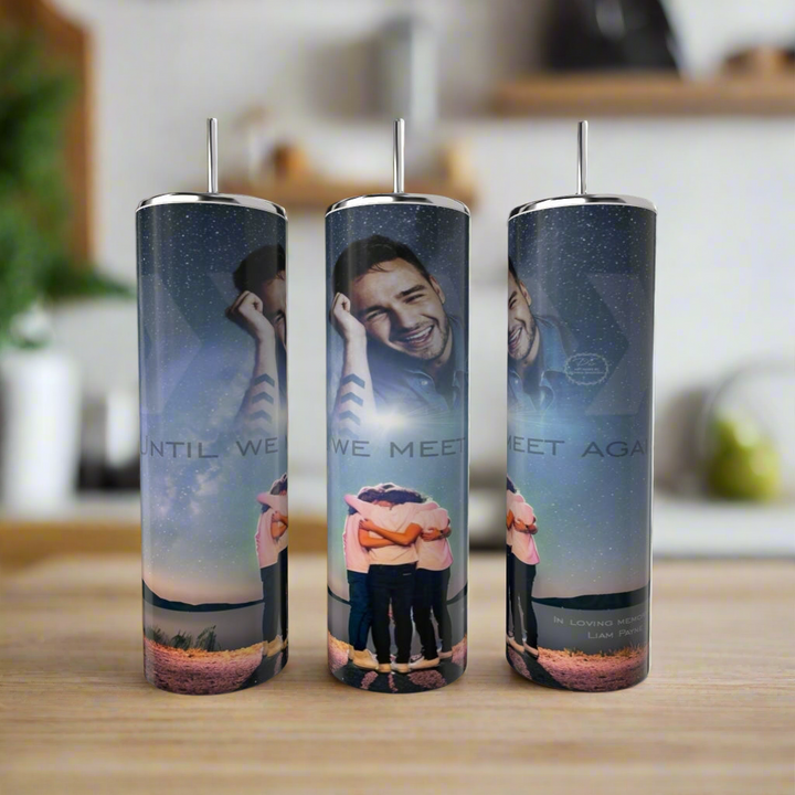 Three Kreative Kreationz One Direction 20oz tumblers, each featuring a custom photo and the tribute "Until we meet again. In loving memory," are beautifully displayed on a wooden surface.