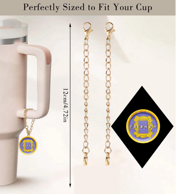 The Friends Charm Dangle by Kreative Kreationz is a pink cup accessory featuring a 12 cm gold chain with a handcrafted tumbler and round charm in a purple frame. Above, "Perfectly Sized to Fit Your Cup" text completes the elegant look against a plain backdrop.