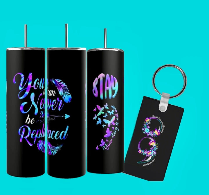 Three black tumblers with vibrant inspirational text and feathers are featured alongside the Kreative Kreationz Suicide Awareness Gift Set, which includes a “you matter” keychain and card. Blue, purple, and pink accents stand out on a bright turquoise background.