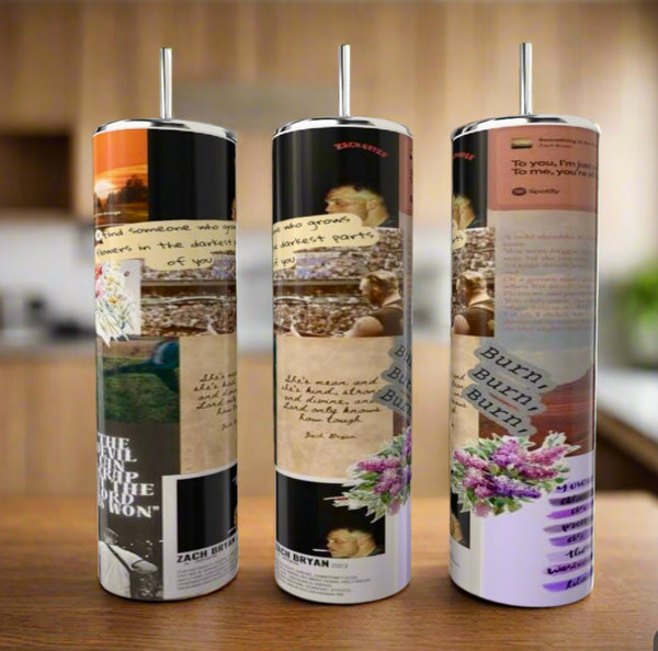 Three Zach Bryan Lyric Collage 20oz Tumblers by Kreative Kreationz, each reusable and stainless steel with a metal straw, display pastel text, flowers, and photos on a wooden surface against a blurred kitchen background.