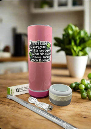 A Kreative Kreationz Customized 20oz Bluetooth Tumbler in pink, featuring 