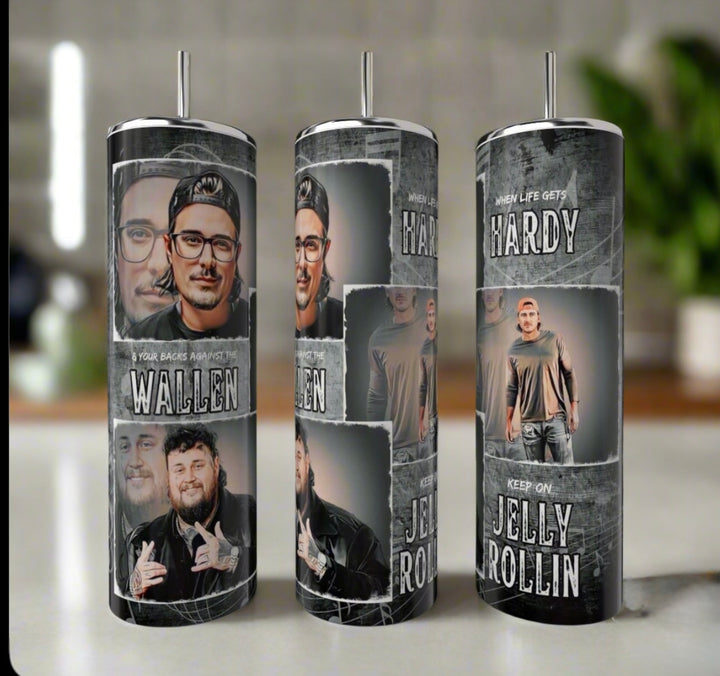 The Kreative Kreationz Morgan Wallen | Jelly Roll 20oz Tumblers are eco-friendly, reusable stainless steel cups with collage designs of men in casual clothes and hats, featuring the phrase: “When Life Gets Hardy, Keep on Jelly Rollin', If Your Back's Against the Wallen.”.