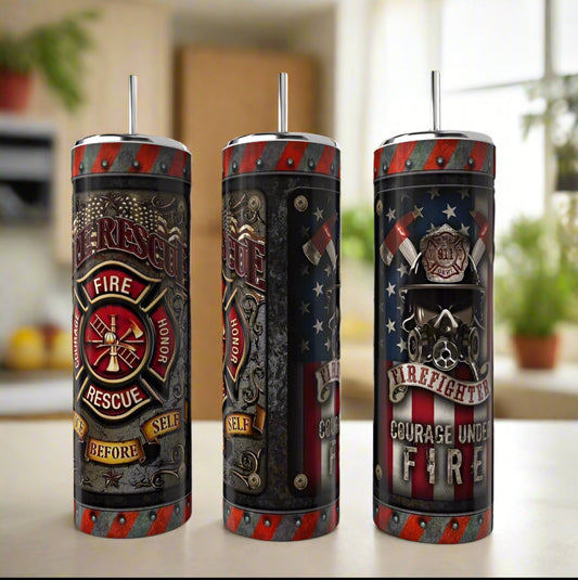 Three Kreative Kreationz Fire Rescue 20oz Skinny Tumblers, featuring firefighter emblems, axes, and phrases like "Courage Under Fire" and "Honor Before Self," are displayed on a kitchen counter.