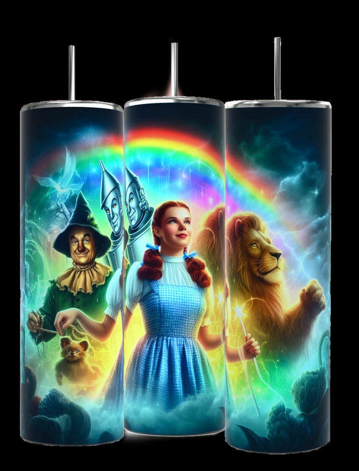 Kreative Kreationz's Wizard of Oz Tumbler is a luxury-inspired, eco-friendly stainless steel tumbler with colorful illustrations of Dorothy, the Scarecrow, the Tin Man, and the Cowardly Lion, enhanced by a vibrant rainbow and whimsical clouds.