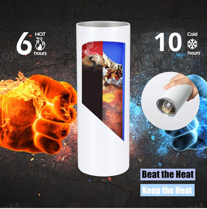 The Miami 20oz Skinny Tumbler by Kreative Kreationz features a white design with a fiery fist and ice graphics, keeping drinks hot for 6 hours, cold for 10. Text reads "Beat the Heat, Keep the Heat." Perfect stainless steel tumbler for any drink.