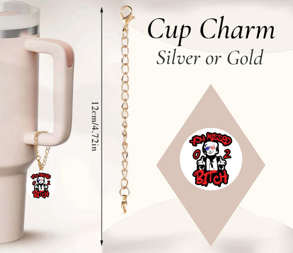 A pink 12cm cup by Kreative Kreationz features a gold chain "You Missed 0 2 Bitch" charm with an illustration, attached to the handle. The text "Cup Charm Silver or Gold" is displayed above. Named "You missed Charm Dangle," it boasts a unique handcrafted design.