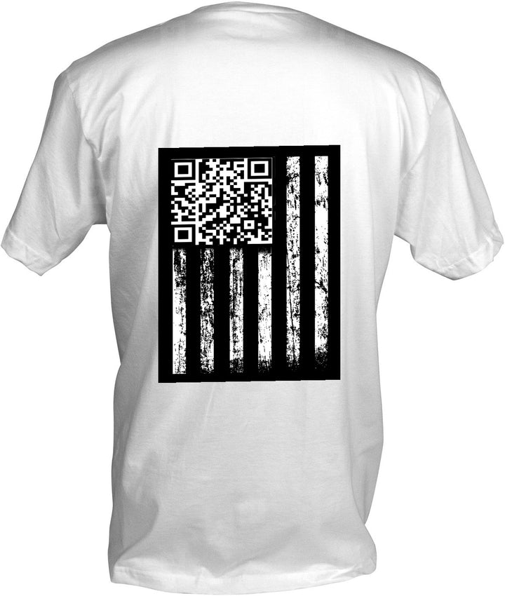 The Kreative Kreationz POTUS Trump T-Shirt showcases a black distressed American flag on the back, with its stars replaced by a unique QR code for a fresh, modern spin on the classic flag design.