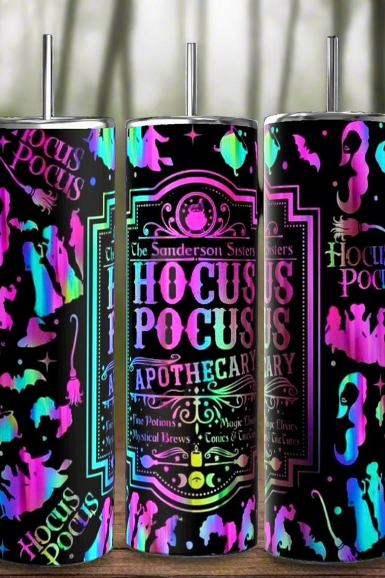 Three tall Kreative Kreationz Apothecary GLOW IN THE DARK 20oz Tumblers with metal straws feature neon Halloween graphics and 