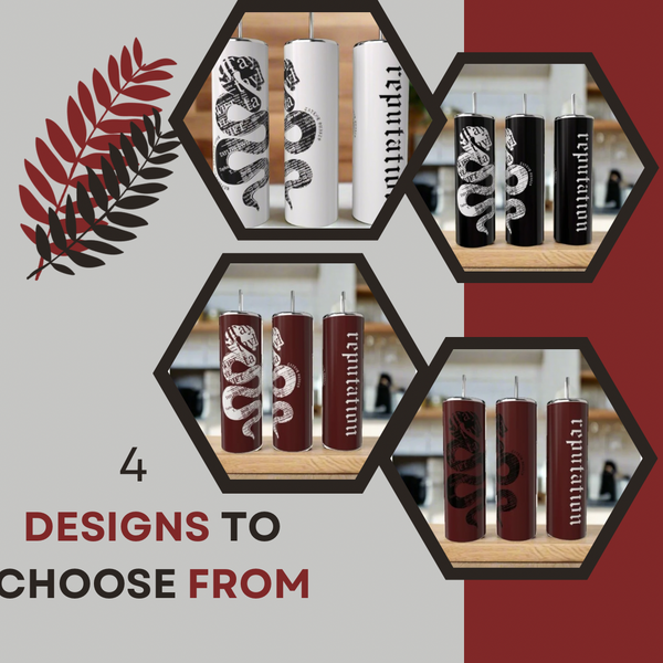 Four hexagonal frames display Kreative Kreationz's REPUTATION Snake 20oz Skinny Tumblers in black, white, and maroon. "4 designs to choose from" appears beside a red leaf graphic at the top left.