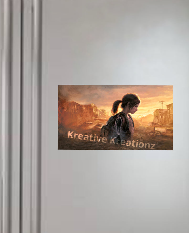 A "The Last Of Us" fridge magnet by Kreative Kreationz featuring a girl with a ponytail in a post-apocalyptic city at sunset, shimmer finish, and branding—ideal for gaming collectible fans.