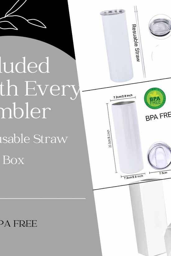 A promotional image displays the MK Beige 20oz Tumbler by Kreative Kreationz with a reusable straw, BPA-free lid, and white gift box. Text emphasizes that each tumbler includes these essentials and highlights its BPA-free materials with simple graphics.