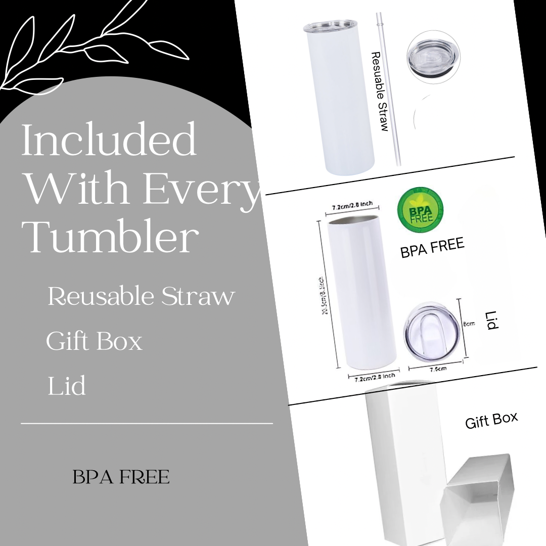 A promotional image displays the MK Beige 20oz Tumbler by Kreative Kreationz with a reusable straw, BPA-free lid, and white gift box. Text emphasizes that each tumbler includes these essentials and highlights its BPA-free materials with simple graphics.