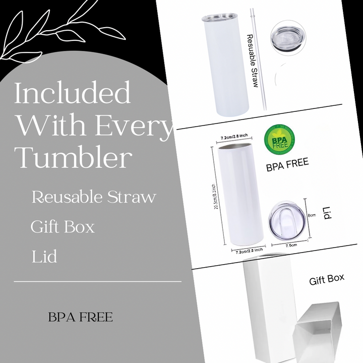 A promotional image displays the MK Beige 20oz Tumbler by Kreative Kreationz with a reusable straw, BPA-free lid, and white gift box. Text emphasizes that each tumbler includes these essentials and highlights its BPA-free materials with simple graphics.