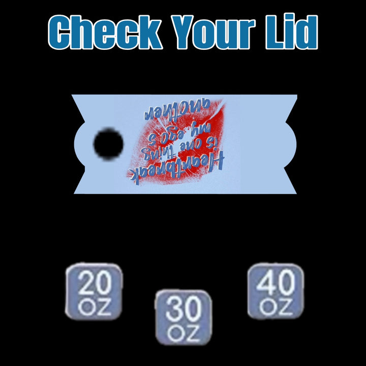 A graphic with “Check Your Lid” at the top, an upside-down Sabrina Carpenter Expresso Stanley Lid Topper by Kreative Kreationz with red lipstick marks, and three buttons for 20 oz, 30 oz, and 40 oz—perfect for any stylish Stanley tumbler.