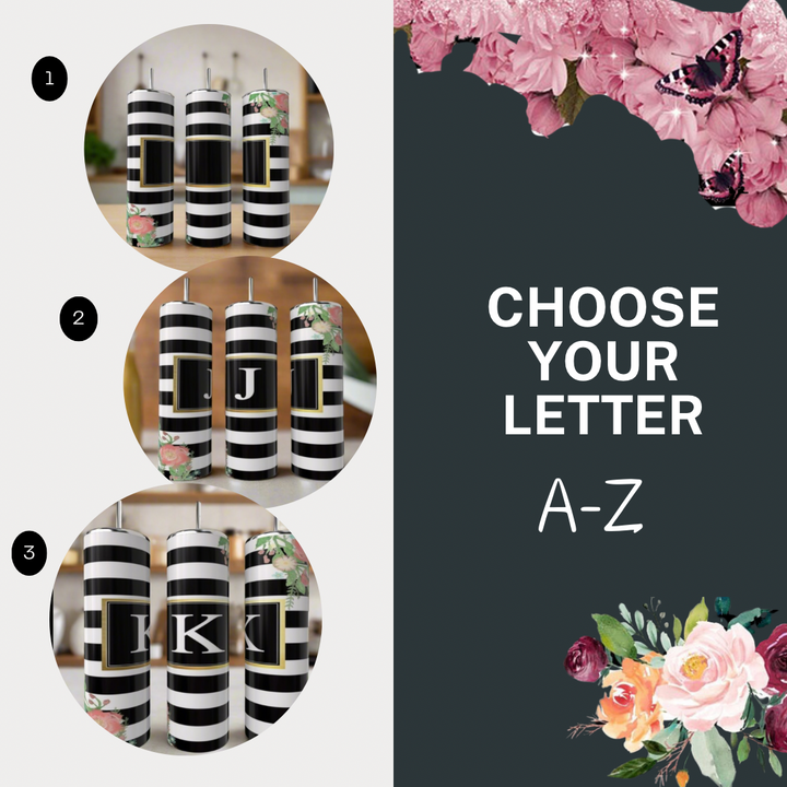 Three images show black and white striped candles with gold monogram letters (L, J, K) and florals. On the right: "CHOOSE YOUR LETTER A-Z." Pair with a Kreative Kreationz Monogram Kate Spade Spring 20oz Skinny Tumbler for a stylish gift set.