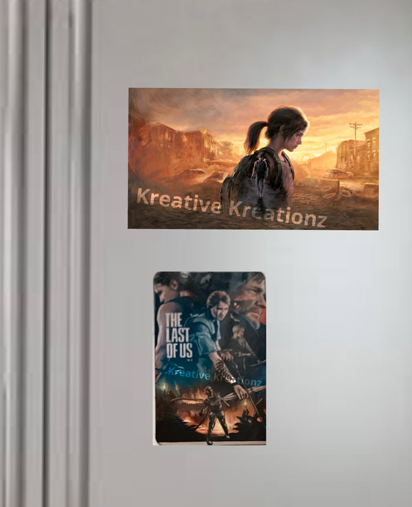 Show off your love for "The Last of Us" with this shimmer fridge magnet by Kreative Kreationz, featuring illustrated characters in a post-apocalyptic style—an ideal collectible for any gaming fan!.